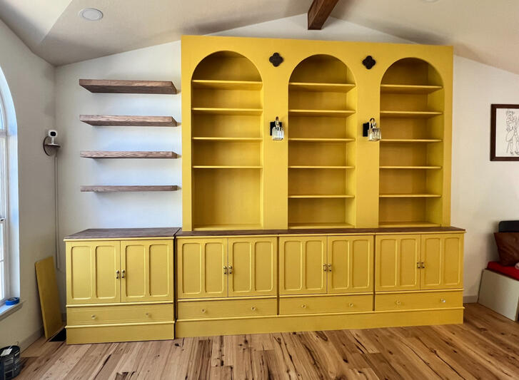 Custom Built-ins using IKEA Base Cabinets + Floating Shelves