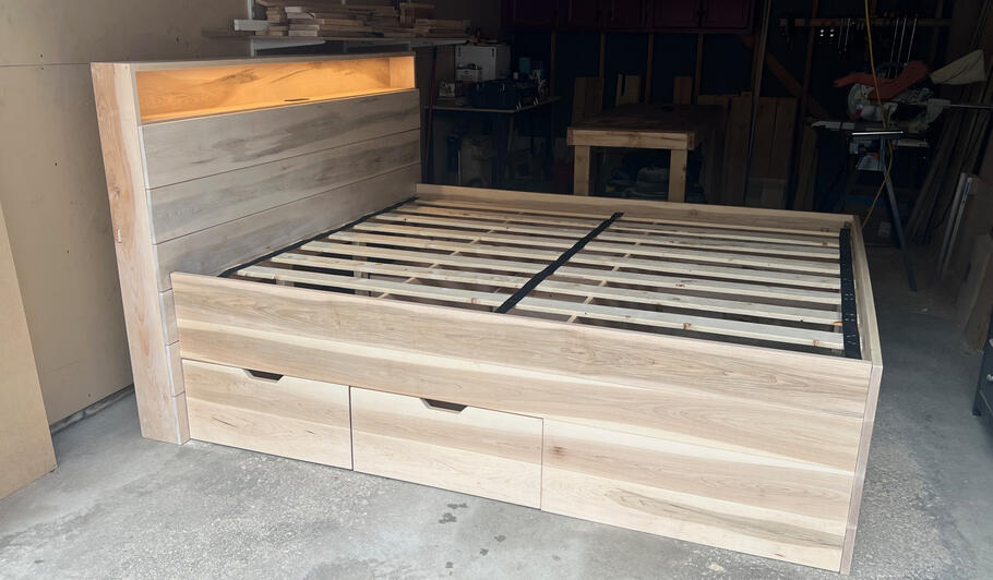 Maple California King Bed Frame w/ LEDs and storage