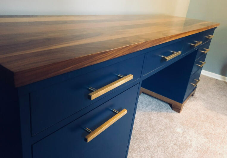 Modern Blue and Walnut Desk w/ Gold Hardware
